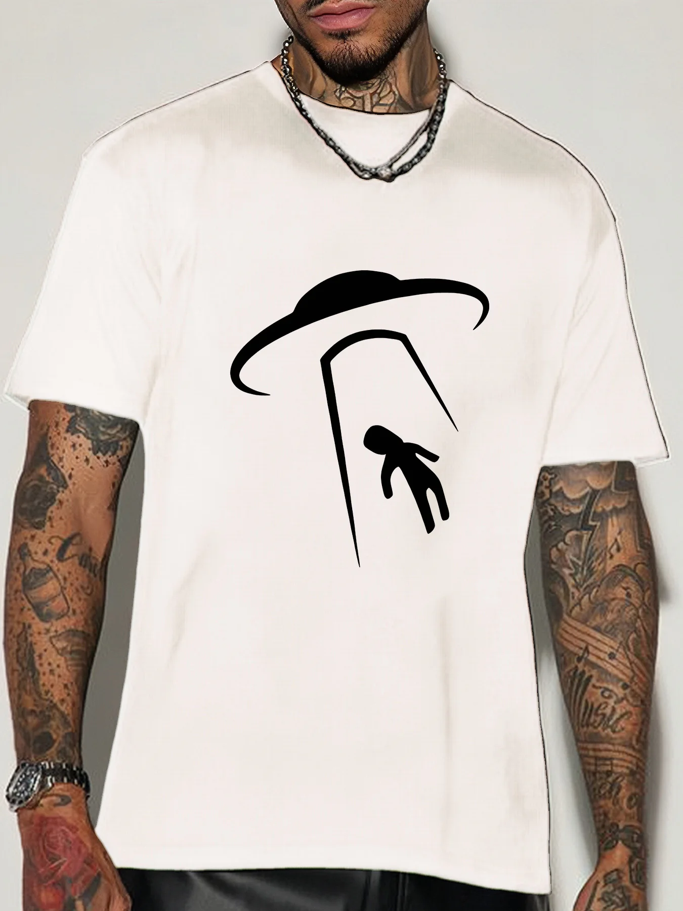 Outer Space Alien Theme Mens Crew Neck Cotton T Shirt Simple UFO Abduction Human Silhouette Print Short Sleeve Casual Street Top