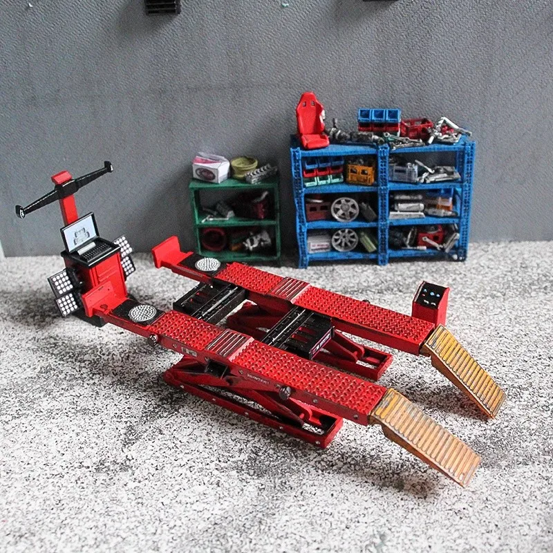1:64 Garagenszenen-Zubehör, ein Satz Tisch-Autoreparaturwerkzeuge, Modellauto, Radausrichtung, Mechaniker-Werkstatt-Szenen, DIY-Miniatur