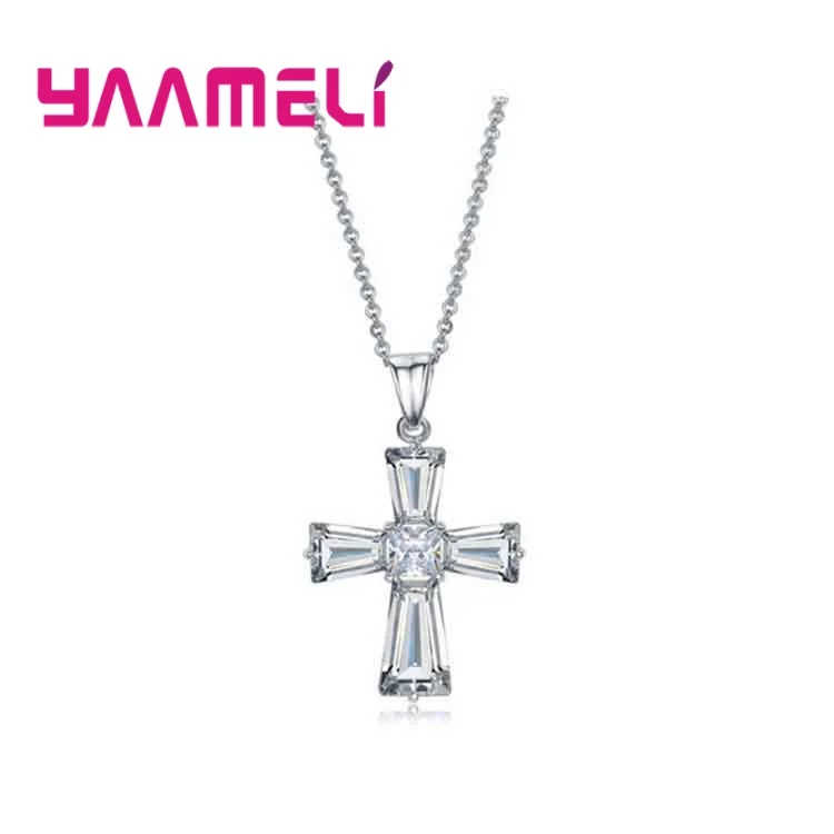 Original 925 Sterling Silver Women Men Necklace Shining Cubic Zirconia Paved Cross Pendant/Chain Wedding Party Accessories