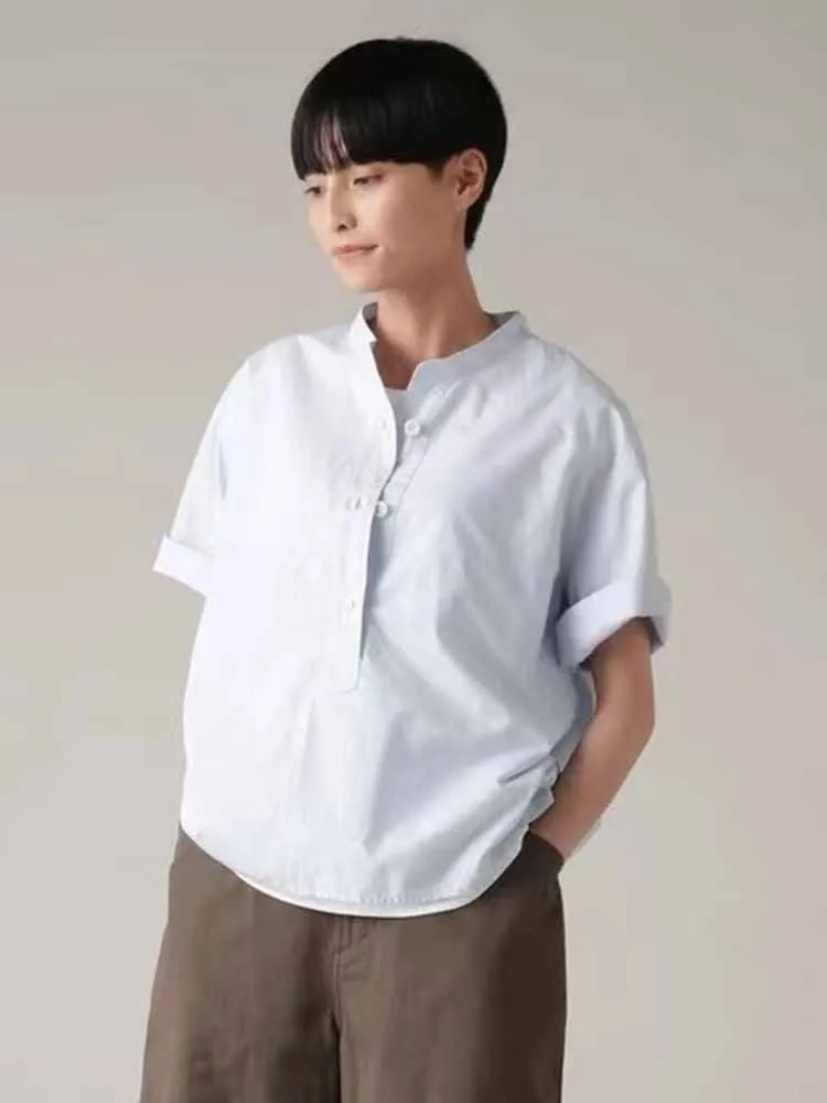 

Margaret Howell Women's Stand Collar f Open irt ort Sve Simple Design Cotton Linen Blend Summer New Arrival