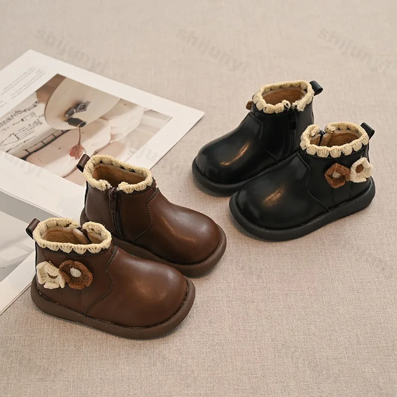 Children Ankle Boots Winter Warm Plush Cold-proof Kids Short Boots Comfortable Non-slip Toddler Flower Princess Leather Boots