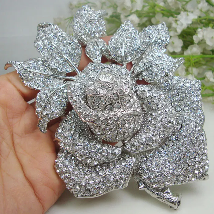 Bride Charming Clear Crystal Brooch Rose Flower Bud Leaf Bridesmaid Brooch Pin