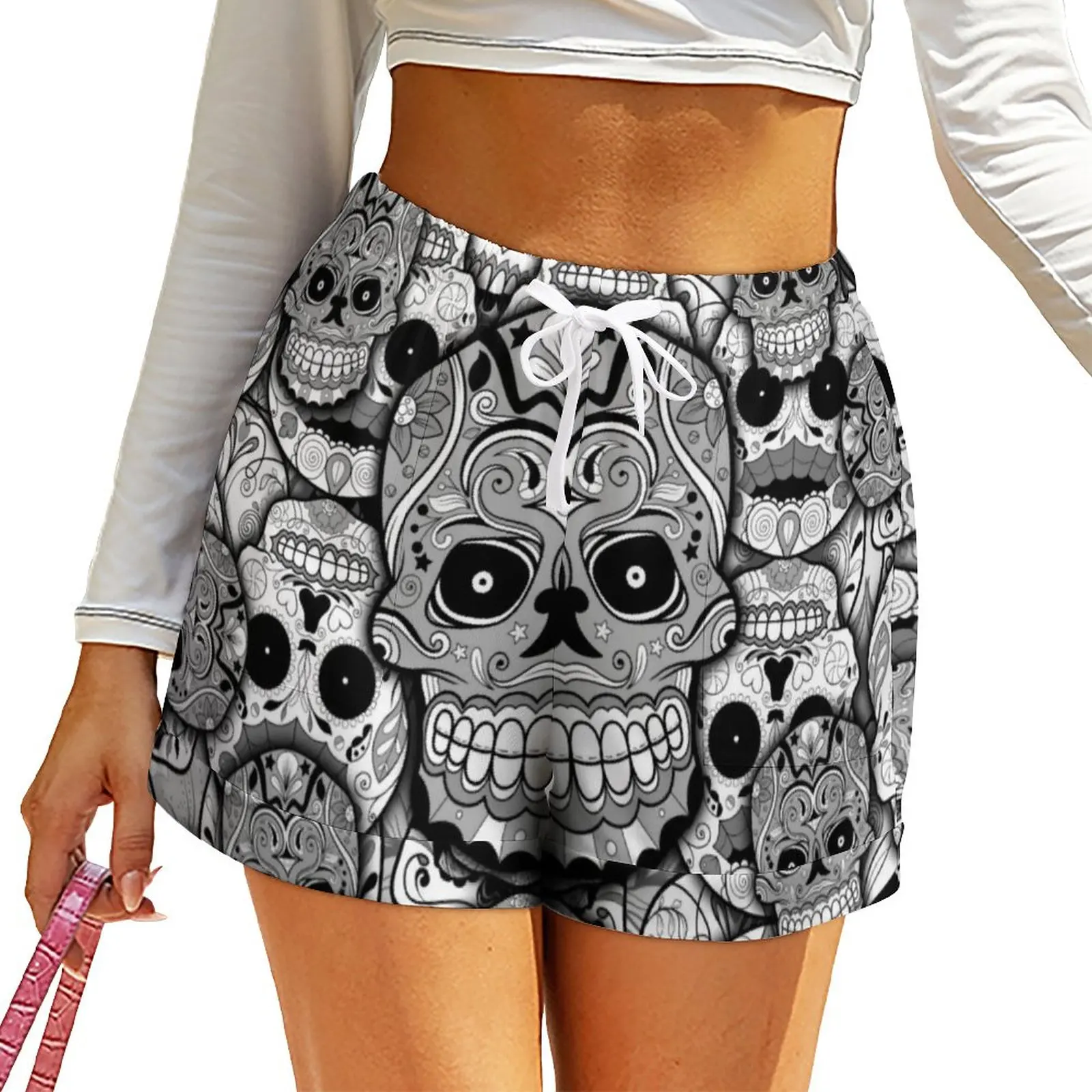 

Black White Skeleton Shorts Elastic Waist Day Of The Dead Calaveras Printed Shorts Pockets Summer Sport Oversized Short Pants