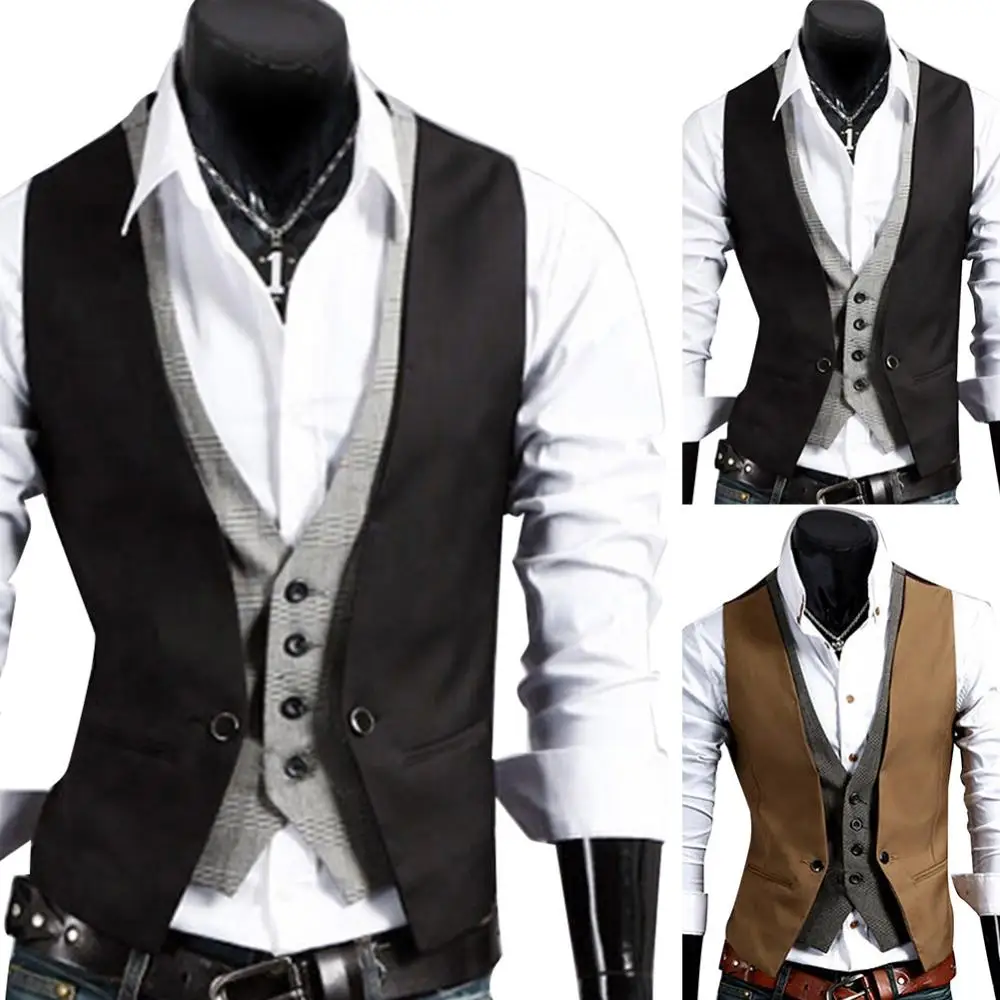 Men Fake Two-pieces V Neck Sleeveless Button Pocket Slim Fit Waistcoat Jacket Suits & Blazer Vests