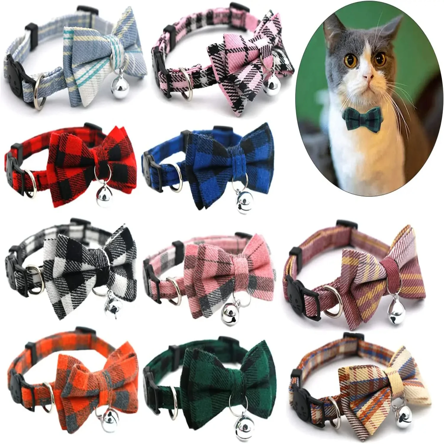 Coleira de gato separatista para animais de estimação, gravata borboleta e sino, xadrez bonito, natal, vermelho, elástico, ajustável, coleira de cachorro com faixa, pequeno sino, brinquedos para gatos