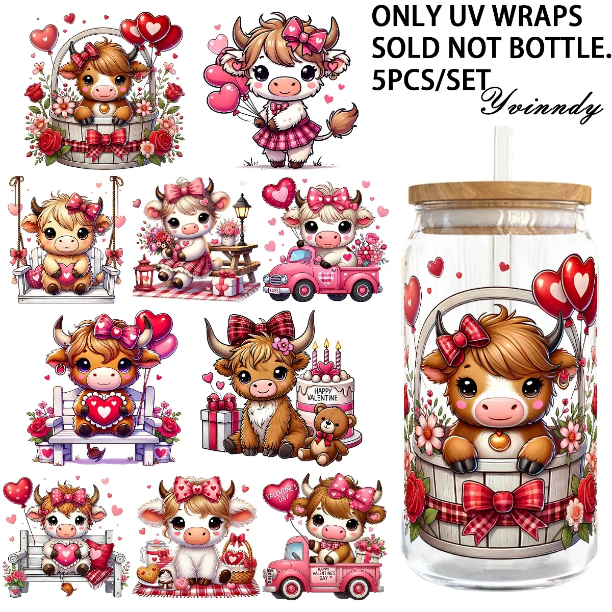 5 ชิ้น/ชุด แก้วลายวัวไฮแลนด์วาเลนไทน์ ขนาด 16 ออนซ์  แบบ UV DTF  ติดแน่นด้วยตัวเอง เหมาะสำหรับตกแต่งแก้วและขวด