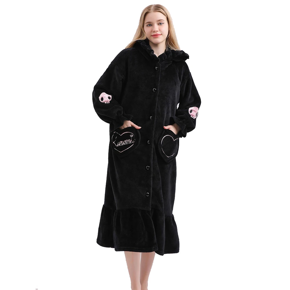 Black Halloween Skull Embroidered Nightdress Women's Flannel Hooded Cartoon Nightgown Loose Night Dress Sleepwear Anime Pajamas