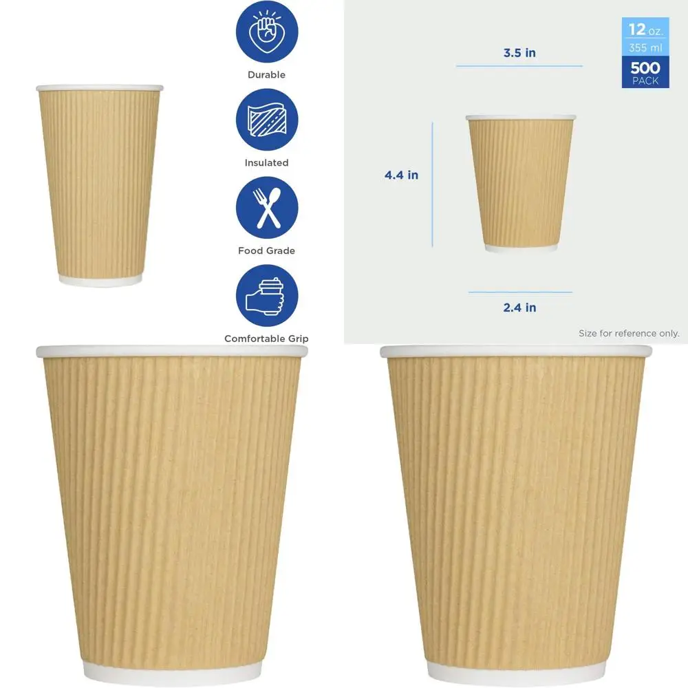 

Disposable 12 oz Insulated Paper Hot Cups, 500 Count, Sturdy & Leakproof, 90mm, No Lids