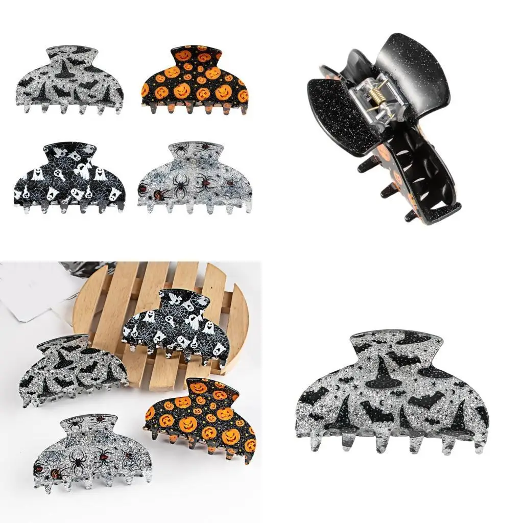 

39BD Woman Halloween Witch Hat/Pumpkin Print Hair Claw Carnivals Hairpin for Ponytail