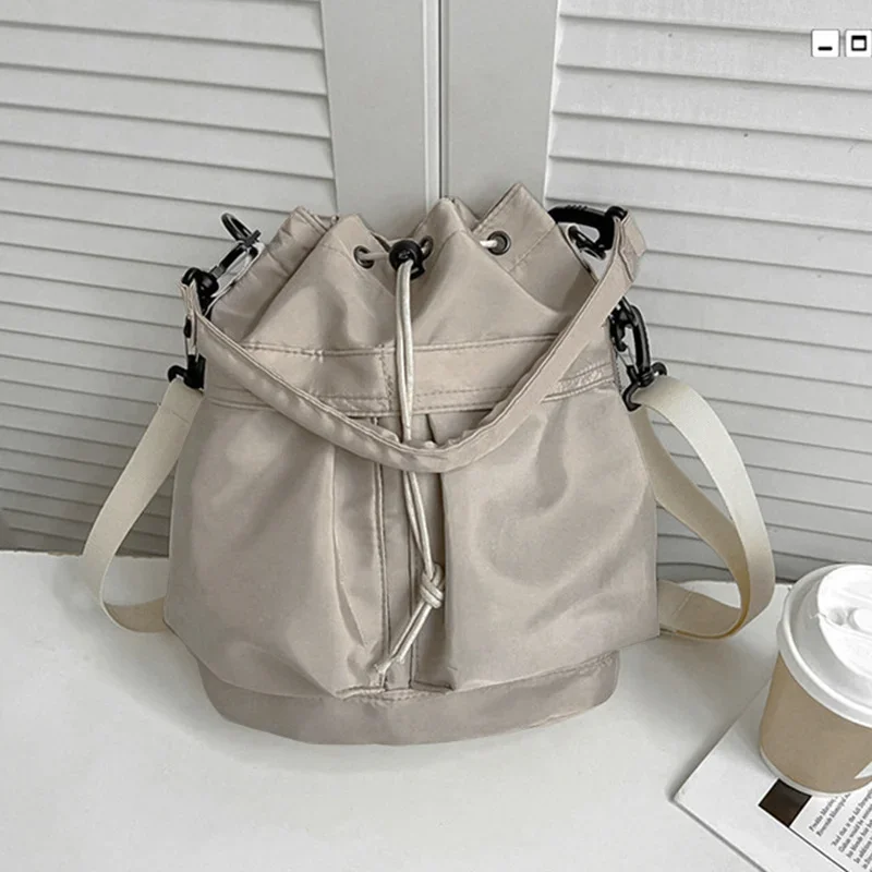 Practical Handbags Waterproof Nylon Shoulder Bags Large Capacity Crossbody for Women Portable Drawstring Bucket Bag