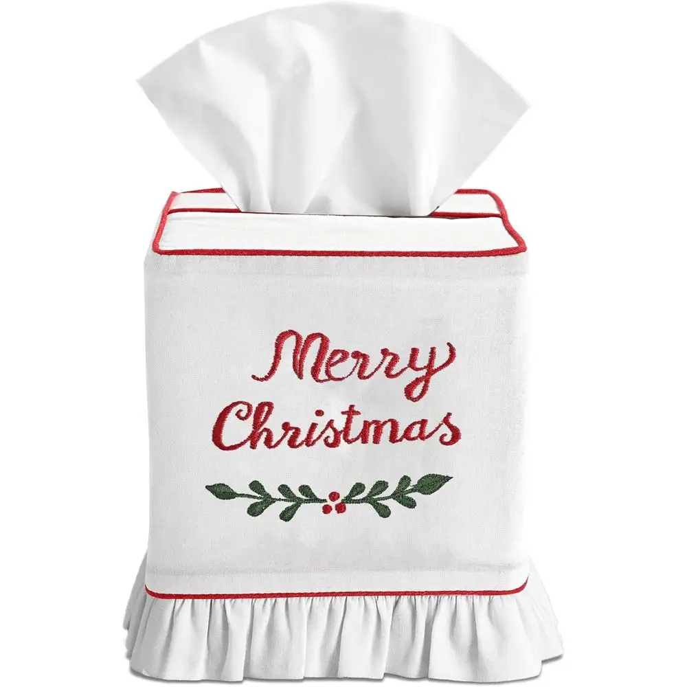 

Elegant Embroidered Merry Christmas Cotton Tissue Cover with Velcro, Perfect for Napkin Holder or Home Decor