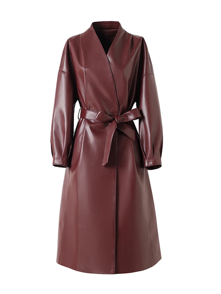 2025年新作 レディース エイプスキンレザー ジャケット スリムフィット ロングコート Vネック 通勤 スタイリッシュ レギュラー丈 ロング