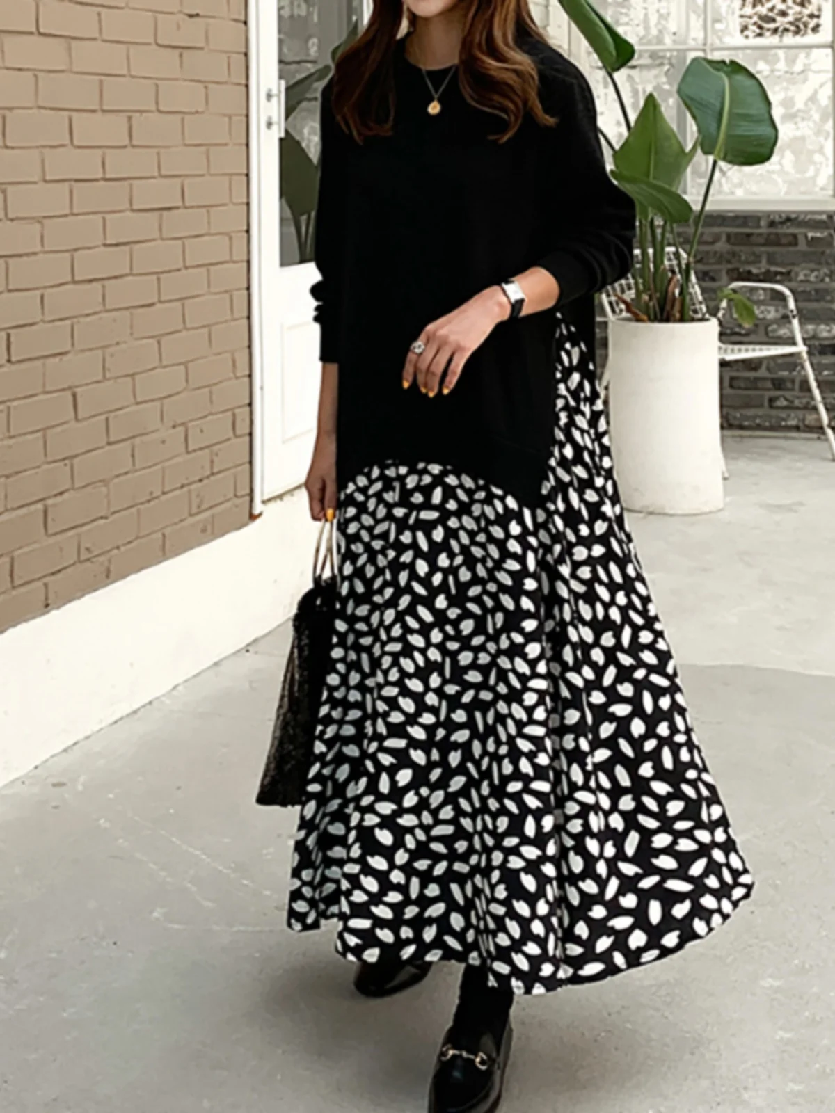 Spring Autumn plus Size Women's Long Sleeve T-Shirt Patchwork Print Maxi Dress Loose Slimming Fake Two-Piece Long Dress