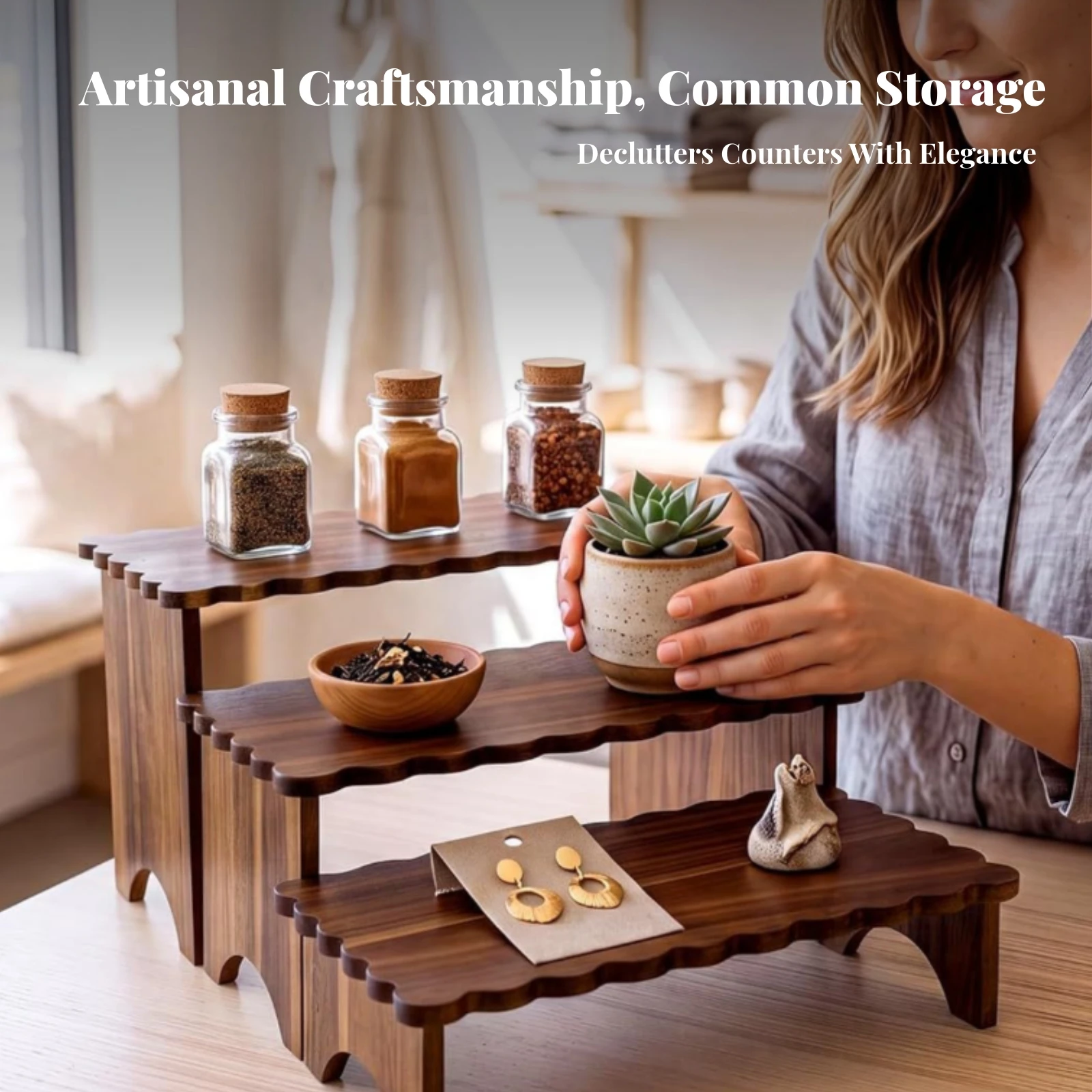 3 Pieces Solid Wood Display Riser with Integrated Legs Compact Wooden Countertop Riser Tabletop Wood Stand Slim Brown
