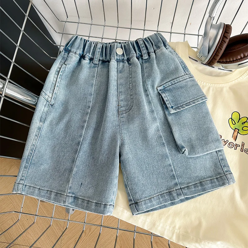 2024 Summer New Children's Pants Children's Tooling Style Large Pocket Denim Shorts Boys Girl All-Match