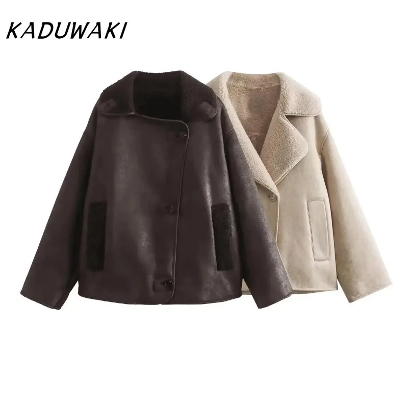

KADUWAKI American Retro Thick Faux Leather Jacket for Women Coat Autumn Winter Warm Wool Blends Coat Demi-season Plush Outerwear
