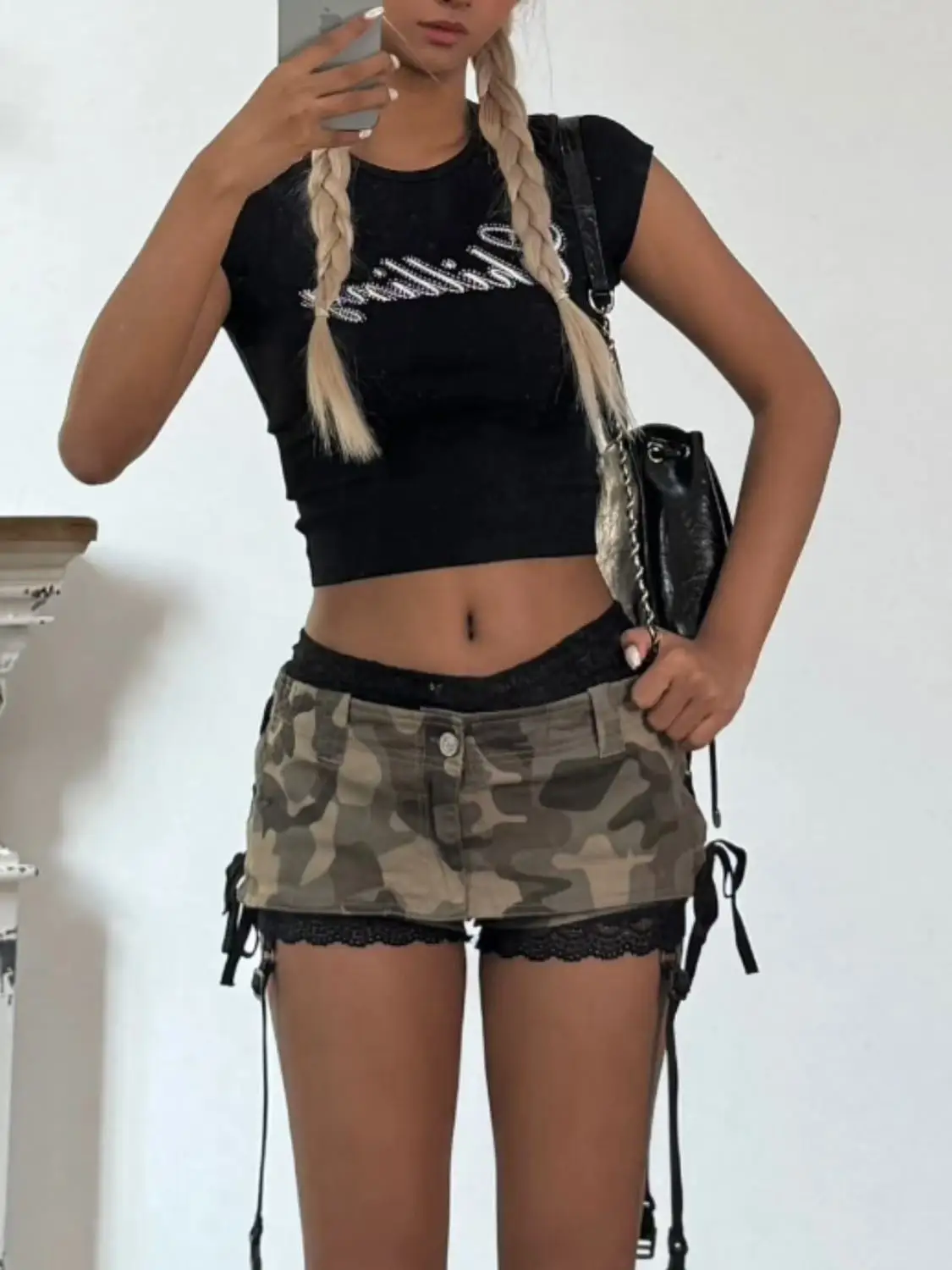 Américain rétro Y2k Super Shorts jupes taille basse à lacets Denim Camouflage serré Sexy hanche Shorts jupe