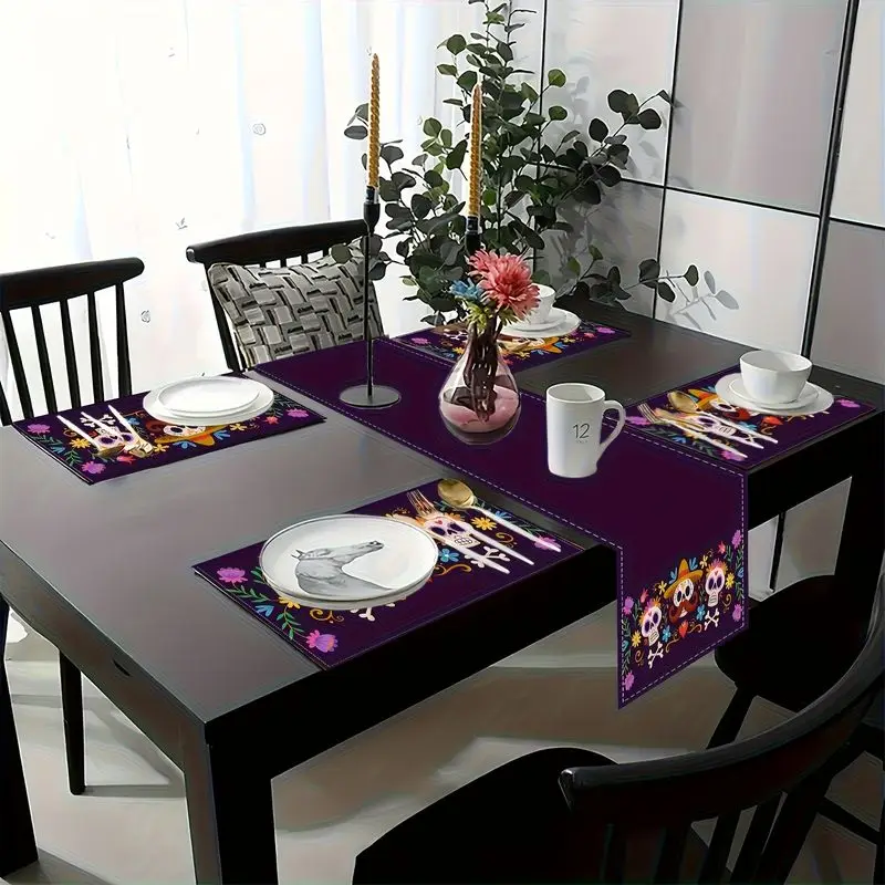 VIKAMA Day of the Dead Sugar Skull Table Flag Purple Flower Fabric Halloween Table Decoration Festival Party Home Desktop Decor