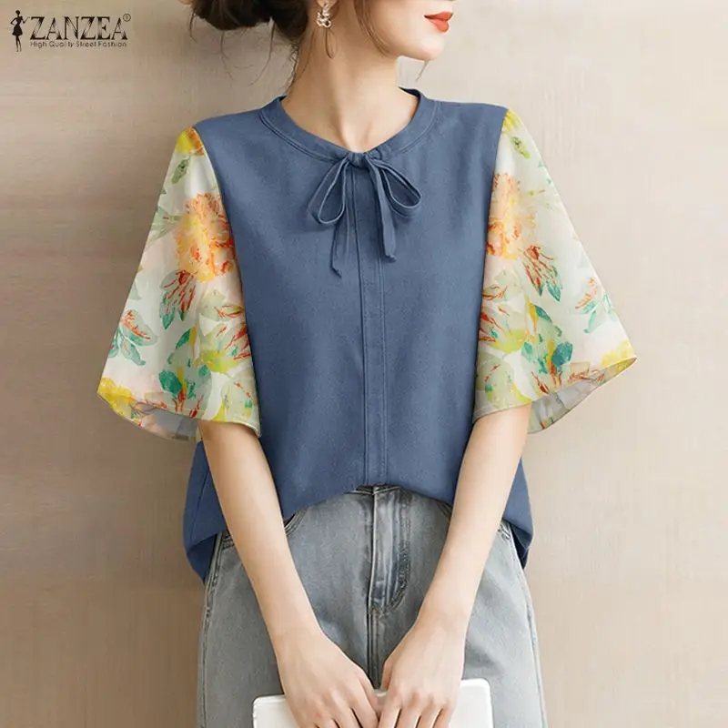 

ZANZEA Elegant Bow Detailed Blouses Women O-Neck Floral Printed Short Sleeve Tops 2026 Summer Casual and Day Woman Clothes S-3XL