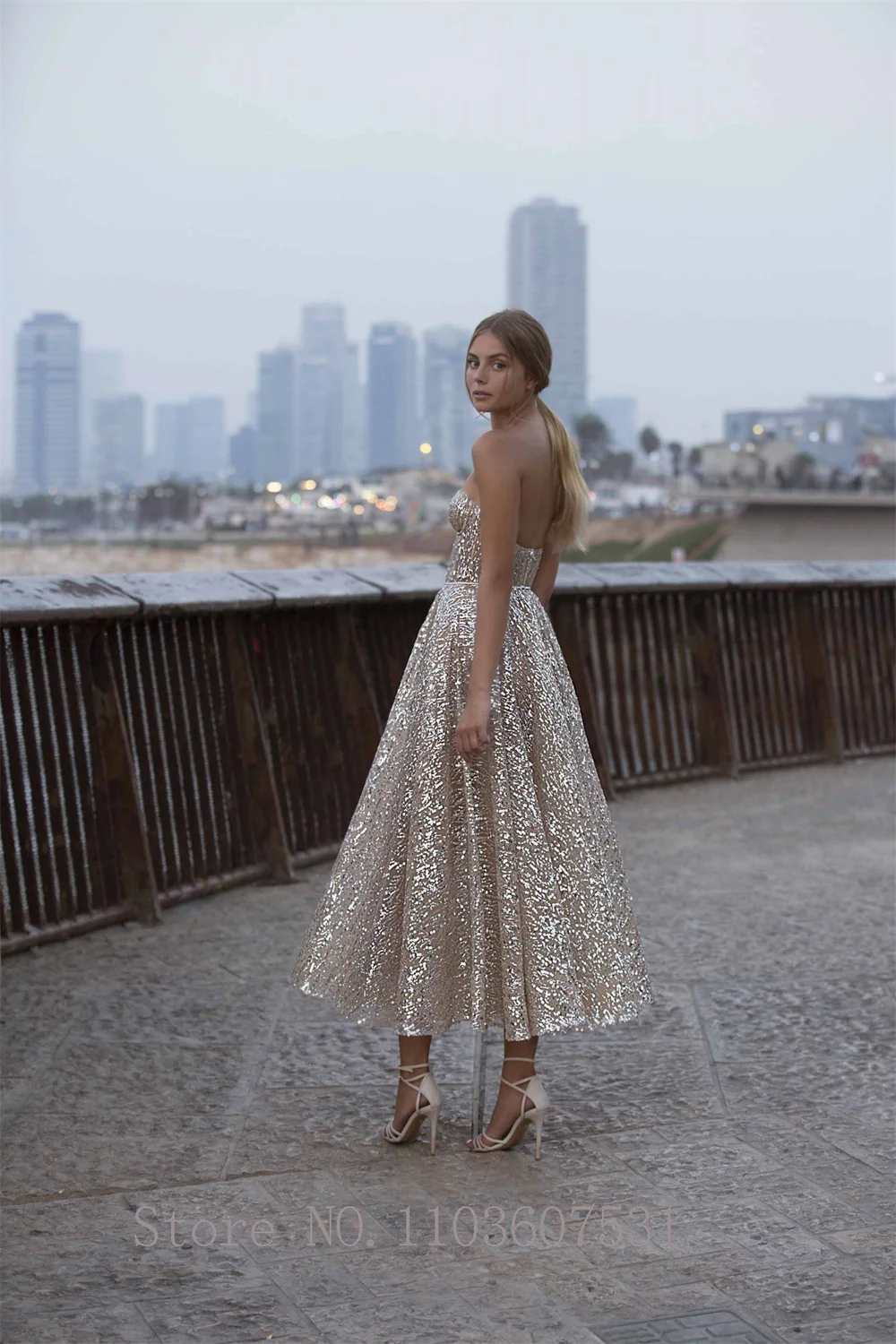 Vestido de fiesta plisado con lentejuelas y hombros descubiertos para mujer, vestido de noche con escote Corazón, línea A, largo hasta el té