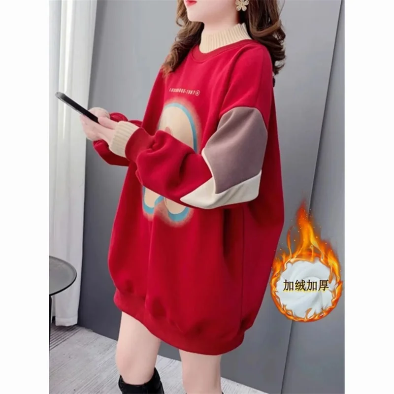 

Adding Velvet Thicken Half High Collar Sweatshirt Spring Autumn Winter Woman Hoodies Large Loose Hoodie Dress 2025 NEW