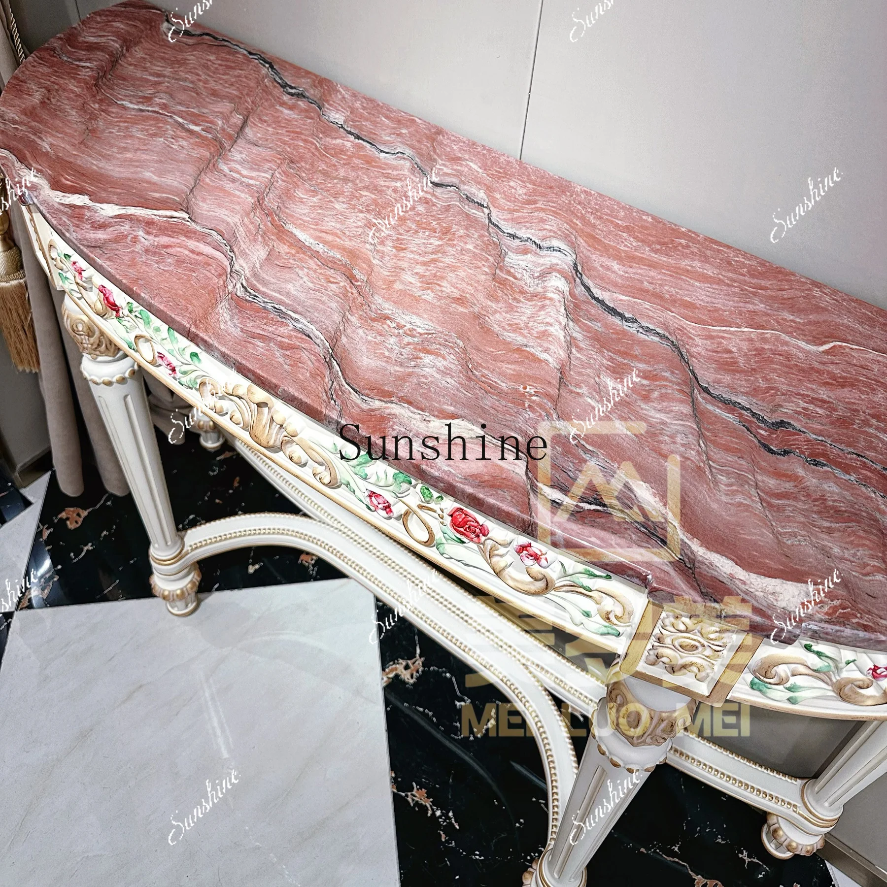French retro solid wood semicircular entrance corridor entrance table palace painted side cabinet  FT
