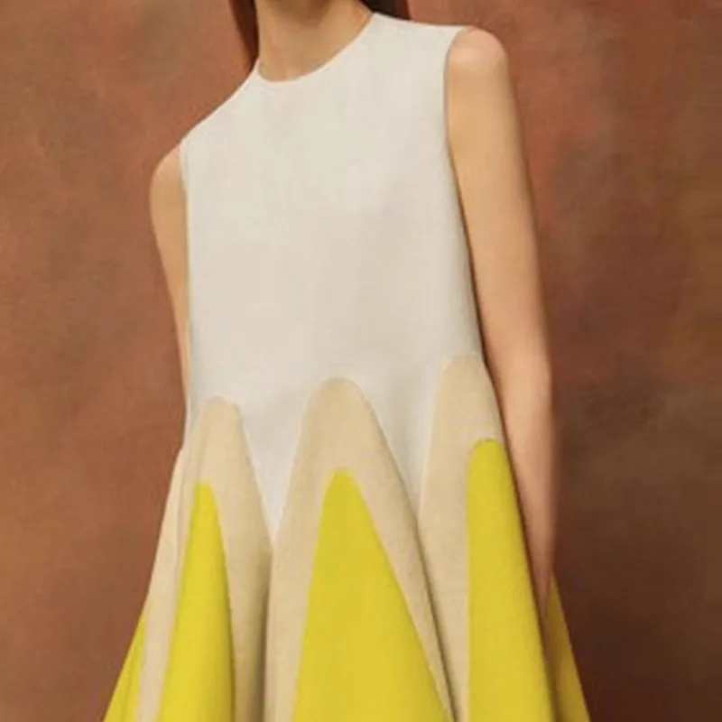 Elegancka sukienka mini w kontrastowych kolorach z falbankami, damska, codzienna, w stylu bohemy, bez rękawów, w kształcie litery A, na studniówkę, wiosenna, luźna, na wakacje.