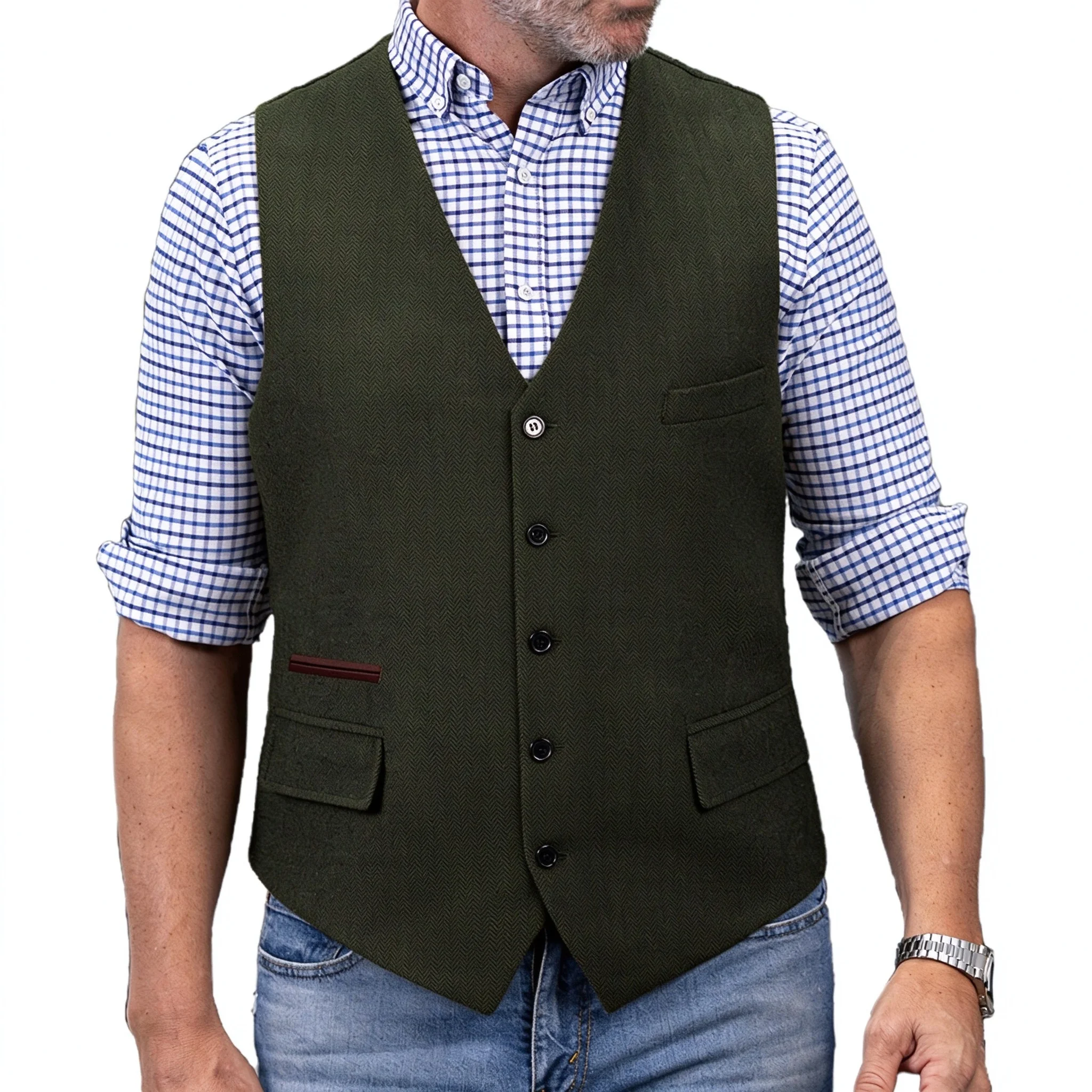 Men Herringbone Vest Slim Fit Vintage Waistcoat Single Breasted