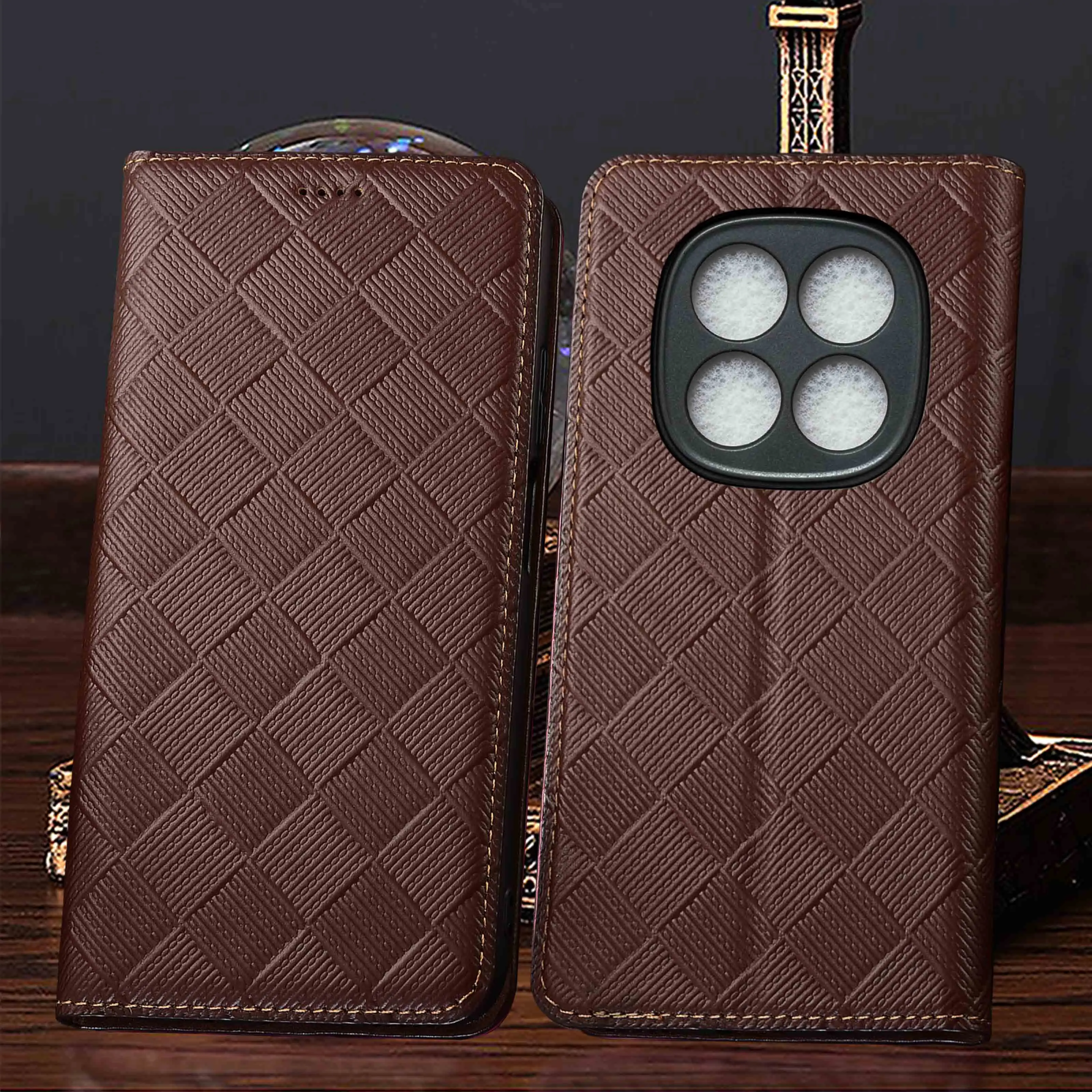 Genuine Leather Case For Redmi Note 12 12S 13 14 14S 15 17 Pro Max Plus 4G 5G Turbo Knit Pattern Of Flip Cover Case Non-Slip