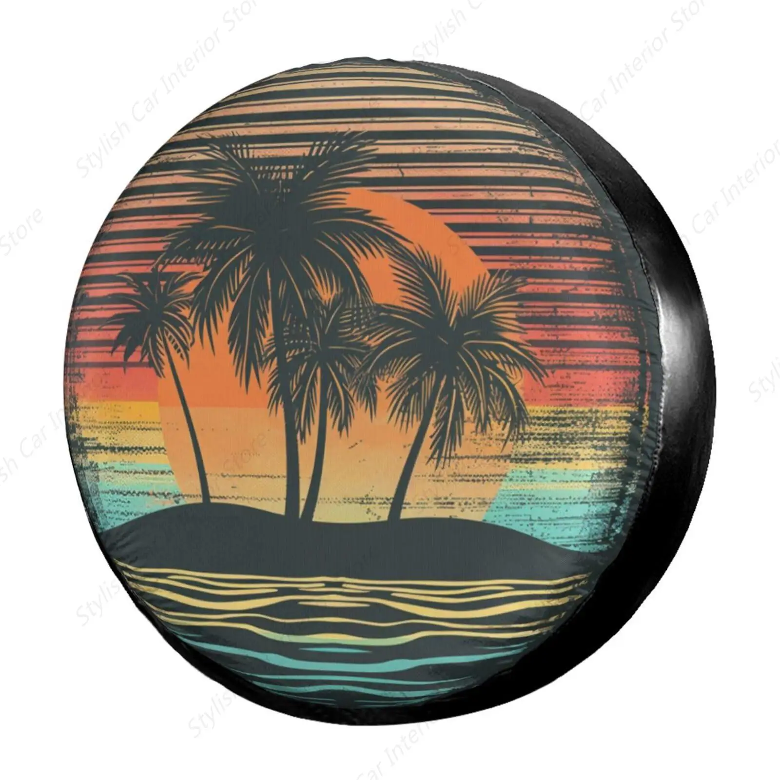 Ocean Sunrise Tropical Palm Tree Spare Tire Cover Polyester Universal Sunscreen Waterproof Wheel Covers for Trailer Rv SUV Truck