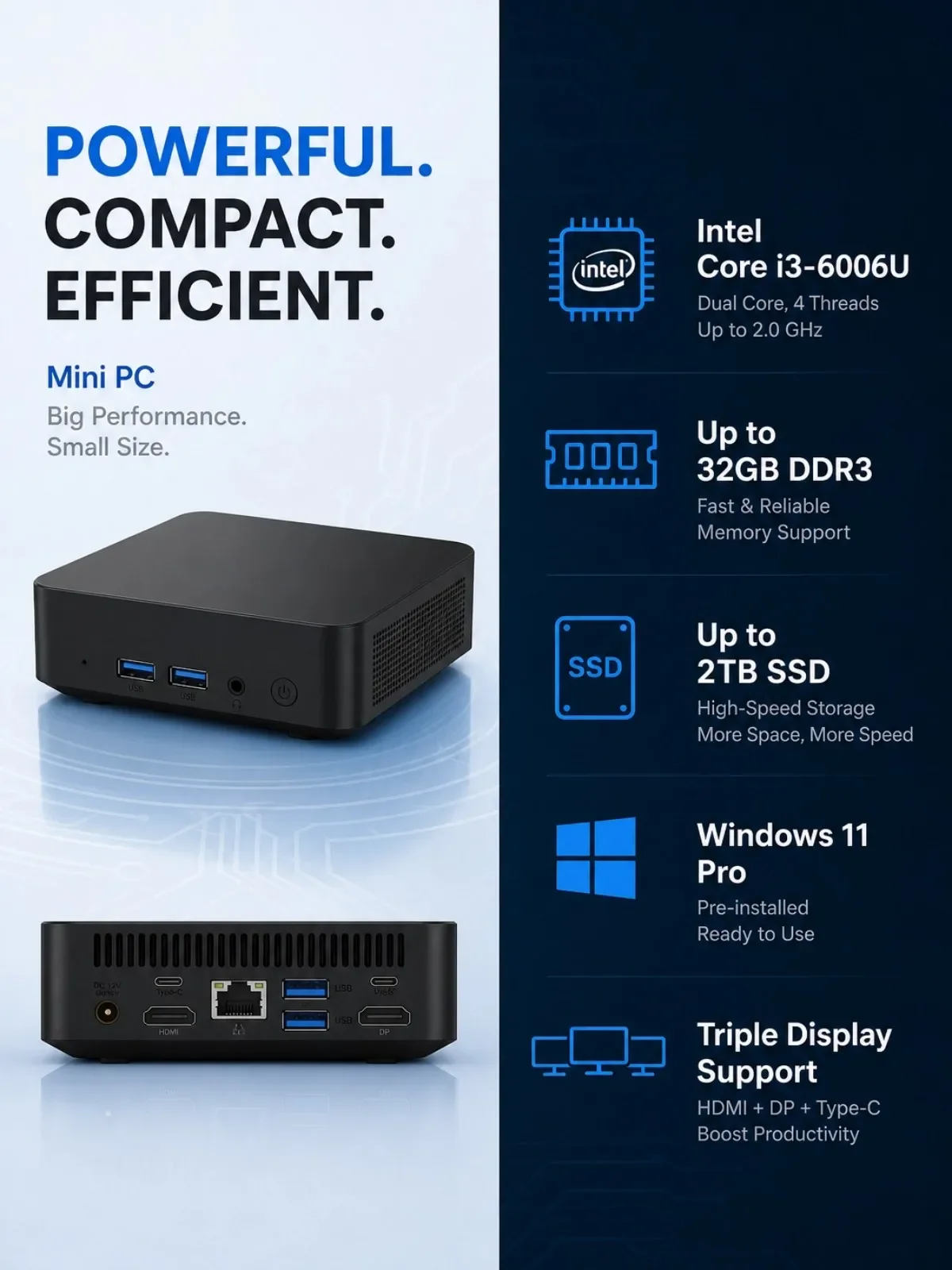 Новый мини-ПК 2026 года Intel Core i3 6006U с Windows 11 Pro, компактный, бесшумный, с поддержкой трех дисплеев (Type-C, HDMI), расширяемой памятью, для офиса и дома