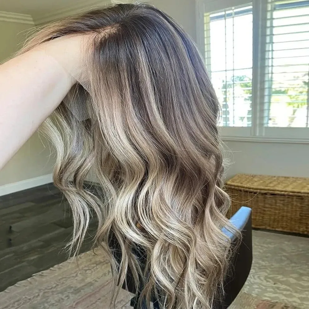 Balayage Highlight Blonde 13x4 HD Lace Front Wig Short Medium Natural Wavy Brown Wig Melted Synthetic And Blend Lace Wigs
