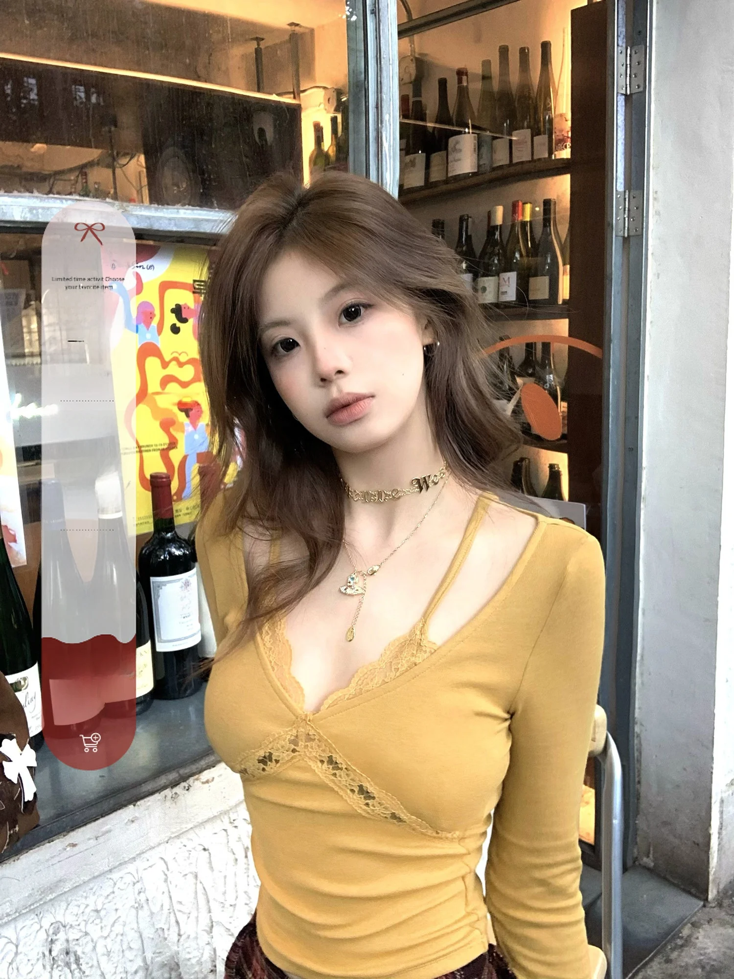 

Женская футболка Long Sve V-Ne Lace Base irt Camere Feel, корейский облегающий вязаный топ на осень и зиму