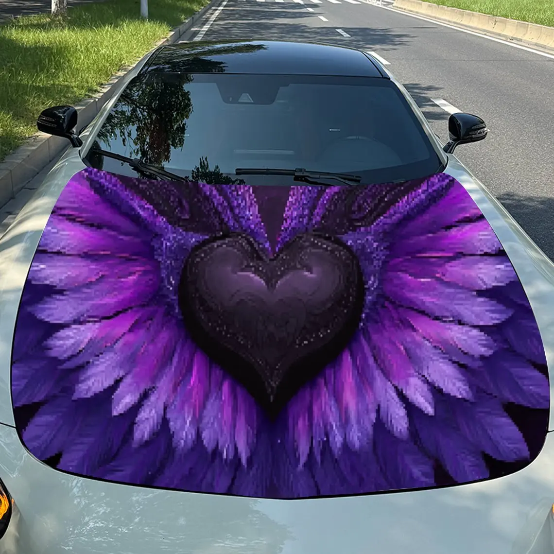 

Magical Purple Feather Heart Pattern Durable Car Hood Stickers, Suitable for Most Vehicles, Ideal Gift, for Exterior Use, Vehicl