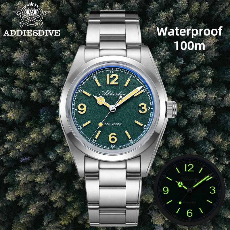 ADDIESDIVE Top Brand Men Watch 100M Waterproof Super Luminous Stainless Steel New Quartz Watch 36mm Elegant VH31 Watches For Men