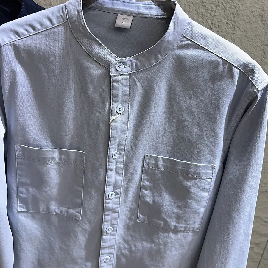 Men Japanese Streetwear Fashion Loose  Casual Stand Collar Cargo Shirts Business Vintage Long Sleeve Commute Shirt Coat