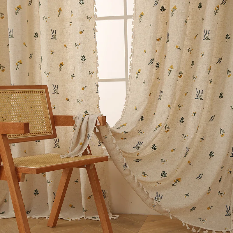 Cotton Linen Embroider Curtains Road Pocket Shade Curtain Tassel for Kitchen Bedroom Living Room Bay Window Cabinet Curtain