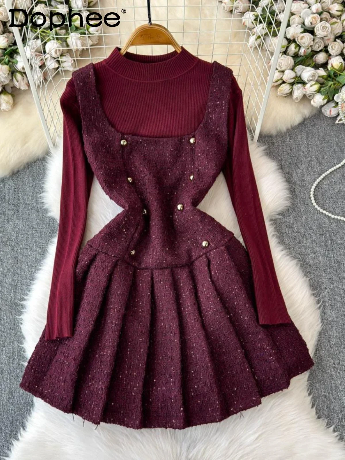 

French Celebrity Temperament Woolen Pleated Dress Short Dress Light Luxury High-end Bottoming Shirt Two-piece Sets Women Outfits