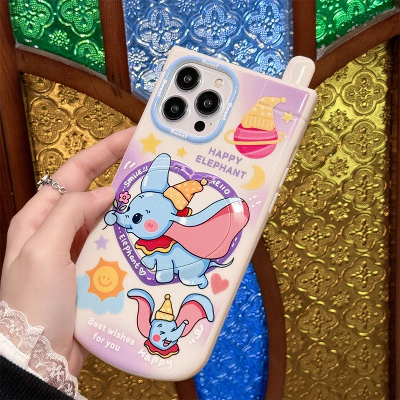 Cute Cartoon Disney Dumbo Hide Makeup Mirror Holder Stand Phone Case For iPhone 15 14 13 12 11 Pro Max Soft Cover With Lanyard