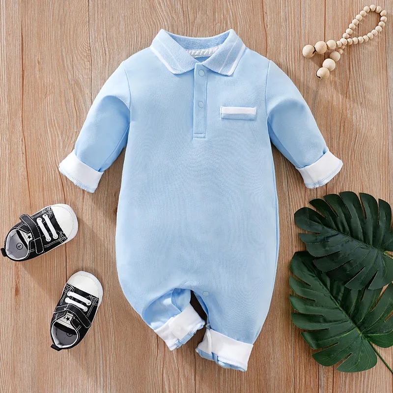 Baby Clothing Solid Color Polo Shirt Spring and Autumn Long Sleeve Cotton Boys and Girls\' Bodysuit