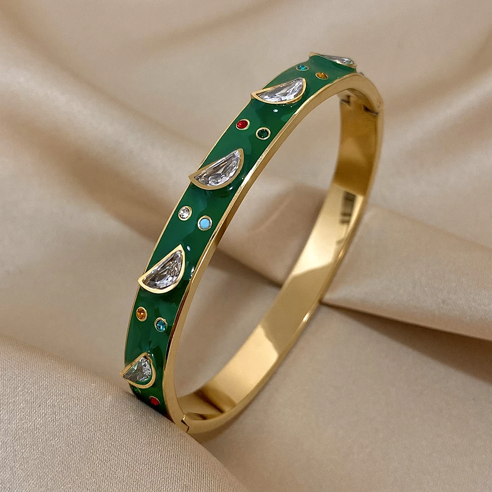 Unique Design Geometric Zircon Colorful Enamel Stainless Steel Cuff Bangles Bracelets for Women Charm Gold Plated Jewelry Gifts