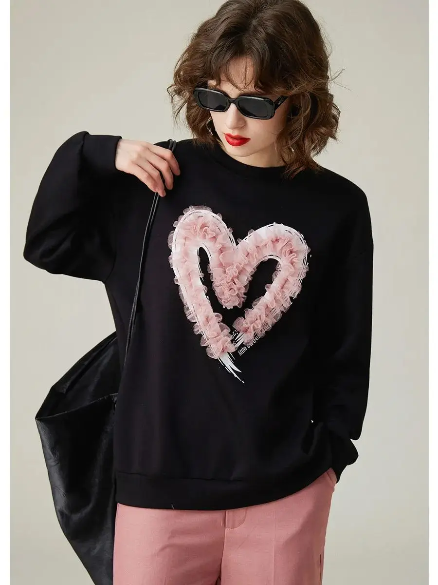 LOUIS YAO-Sudadera de malla plisada con corazón para mujer, Top holgado de cuello redondo, elegante y aireado, romántico, Otoño, 2023