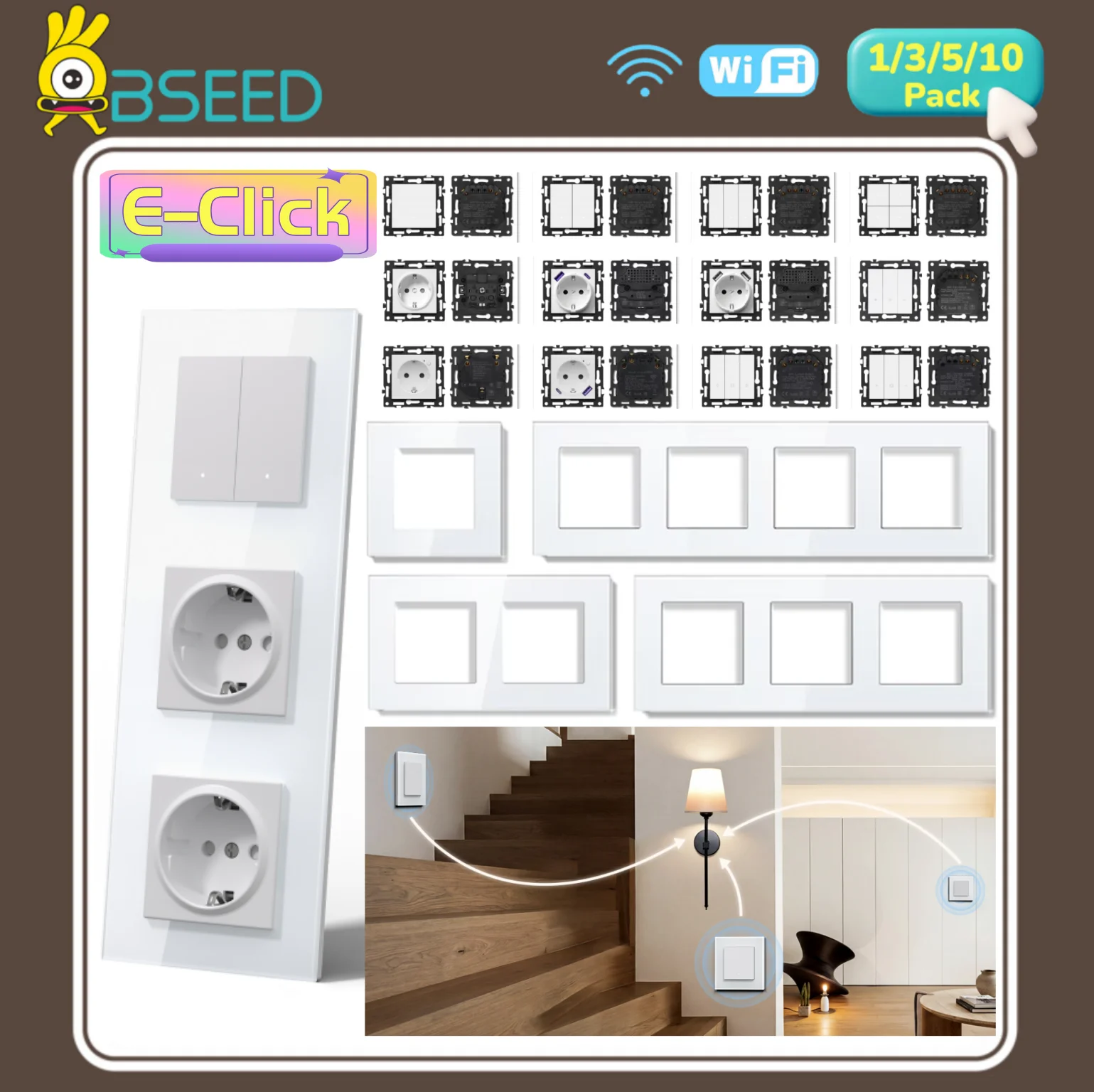 BSEED WIFI Click Switch Modules Smart Light Switch Parts White Glass Shutter Curtain DIY Wall Sockets USB Charge Key E-Series