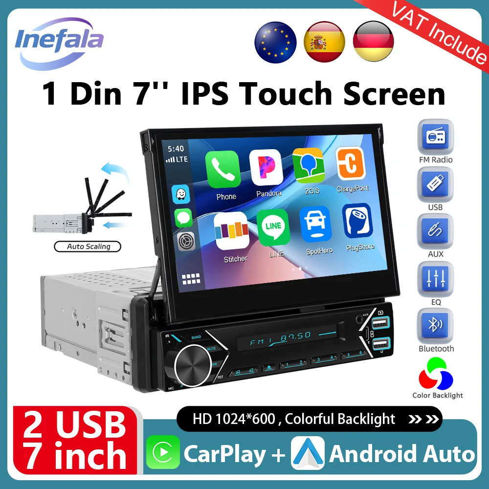 Podofo 1 Din lecteur MP5 7 pouces Carplay Android Auto universel manuel automatique écran tactile rétractable lecteur de voiture Radio FM