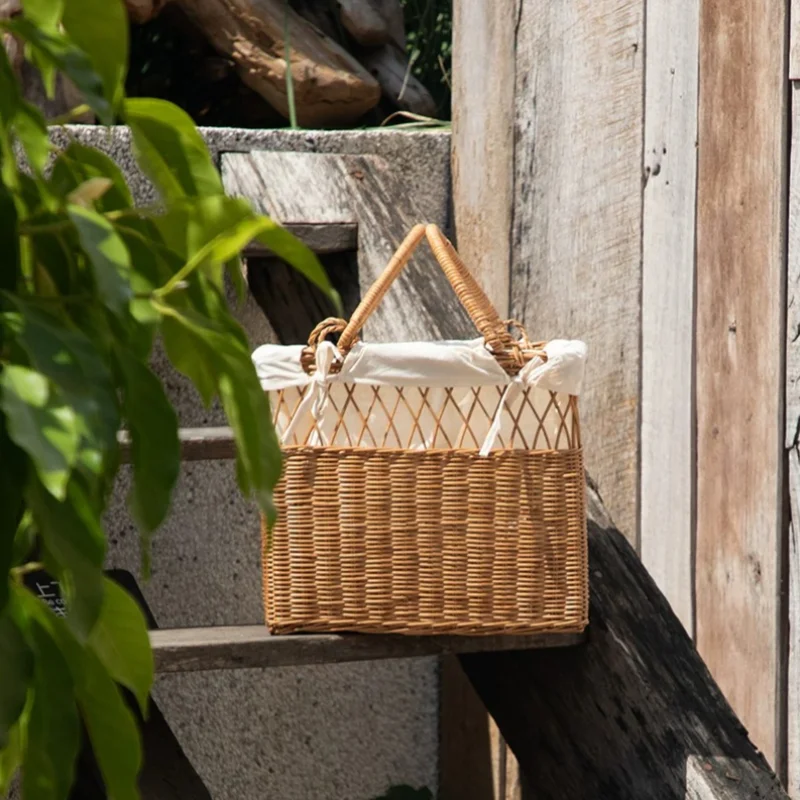 Retro Handmade Rattan Baskets Simple Natural Multi-purpose Storage Baskets Woven Handle Bread Baskets Indoor Home Storage Tools