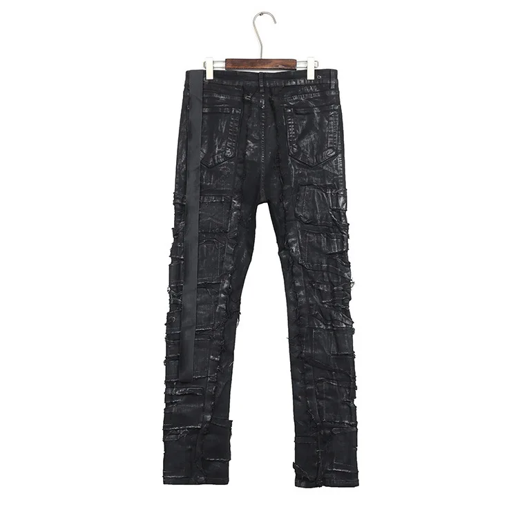 [bomp] Autumn Dark Coating Brush Wax Cutting Corrupt High Street Casual Ro Piercing Jeans