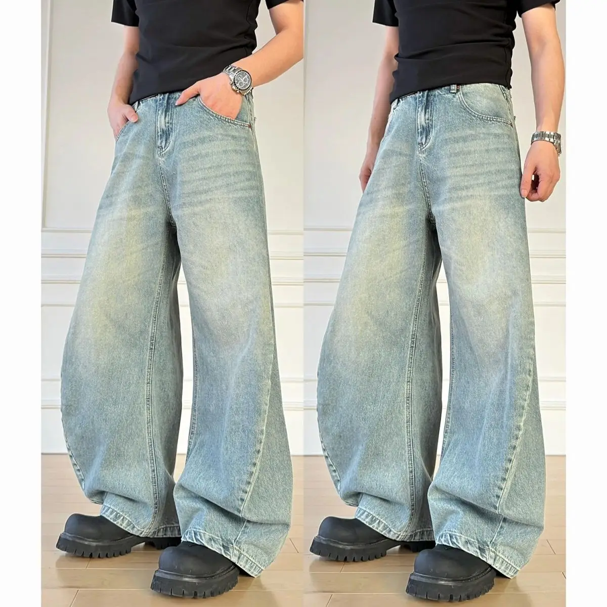 Men's Light Blue Jeans Unisex Pants Wide Legs Casual Sweatpants Summer Young Boy Bottom Male High Waist Y2k Cool Trousers