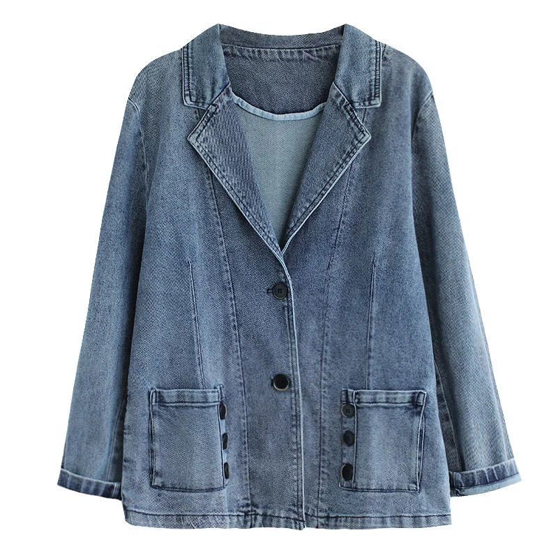 

Denim Jacket Fashionable Suit Collar Short Jacket Top Women's Autumn Patchwork Pockets Loose Fitting Vintage Long Sleeved Top