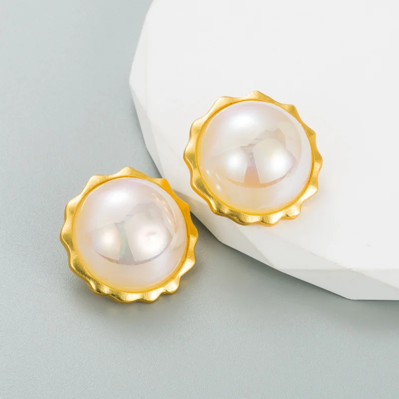 Source, simple big pearl earrings with diamonds, sunflower flower studs, cute party ear jewelry wholesale