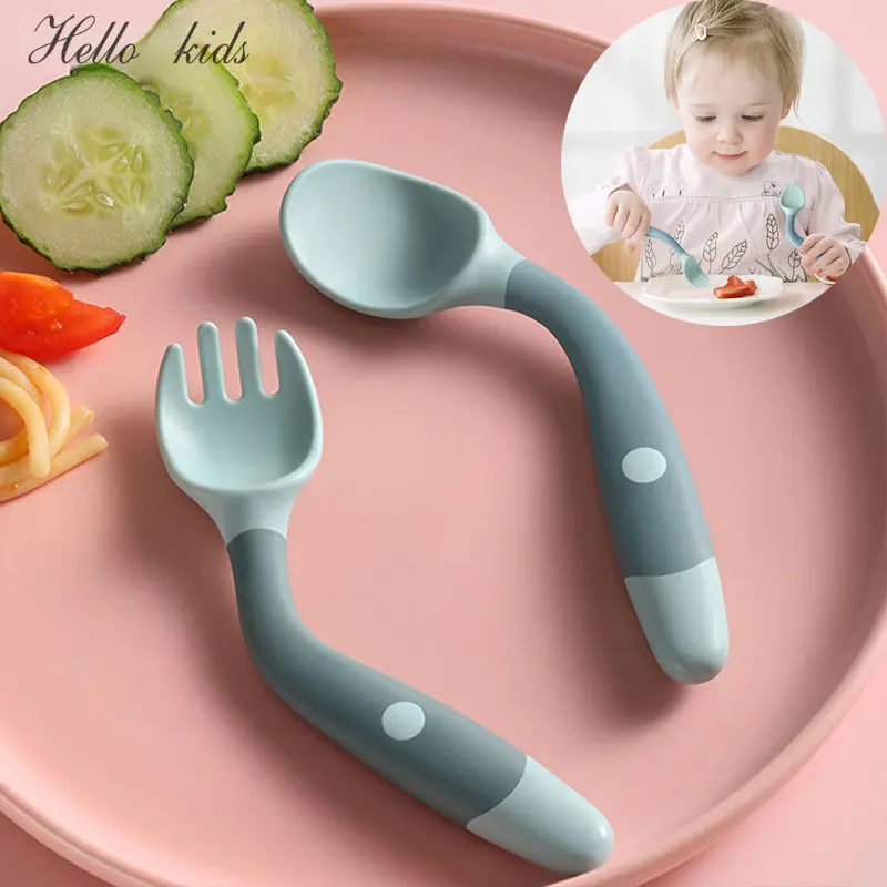 2PCS Baby Children Spoon Fork Set Soft Bendable Silicone Scoop Fork Kit Tableware Toddler Training Feeding Cutlery Utensil